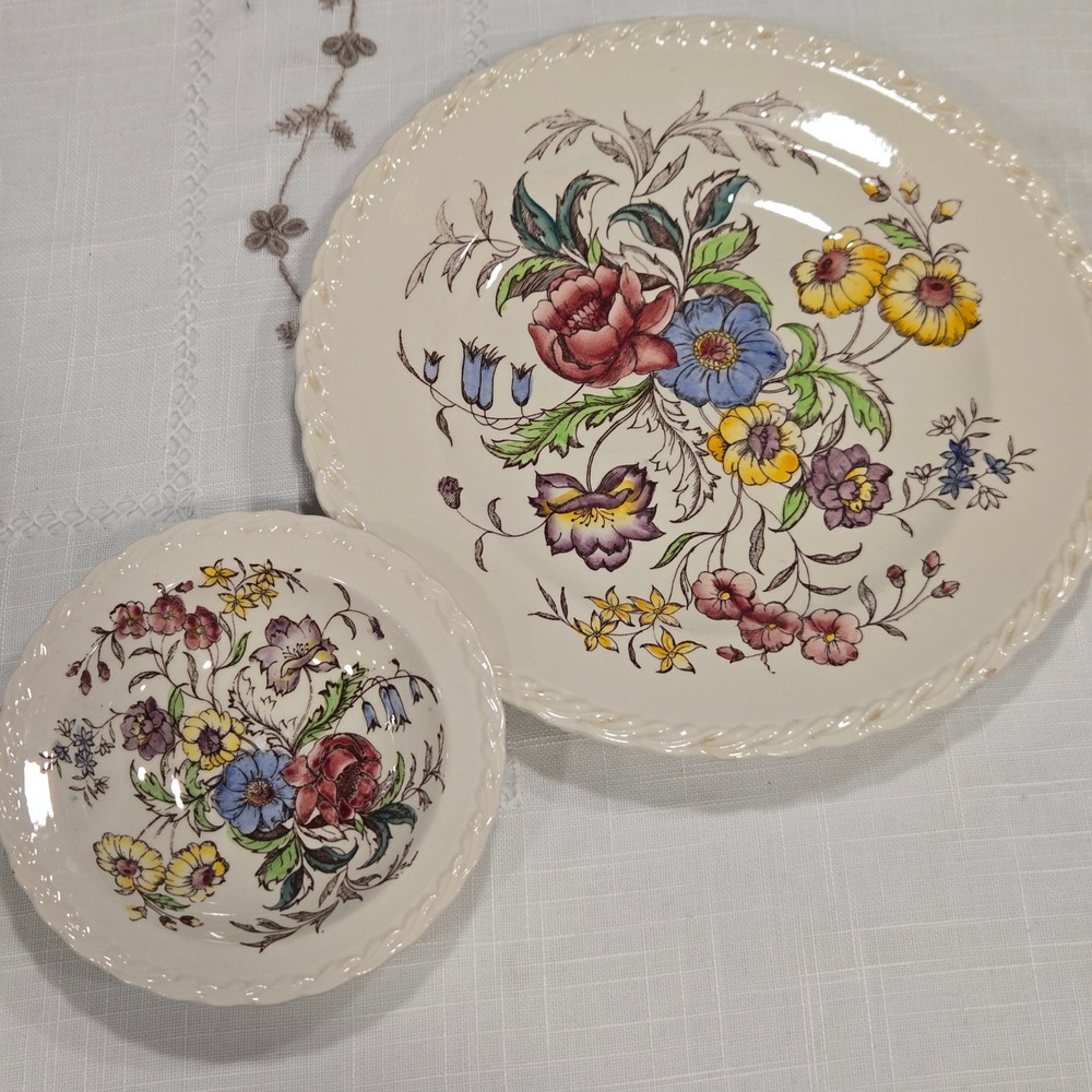 Vernon Kilns Handpainted May Flower Plate Bowl Set Fairy Cottage Grandma Chic